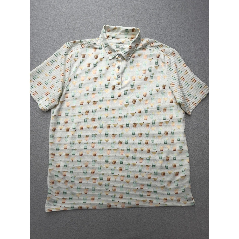 Tommy Bahama Polo Shirt Mens XL White Tropical Cocktail Print Stretch Knit